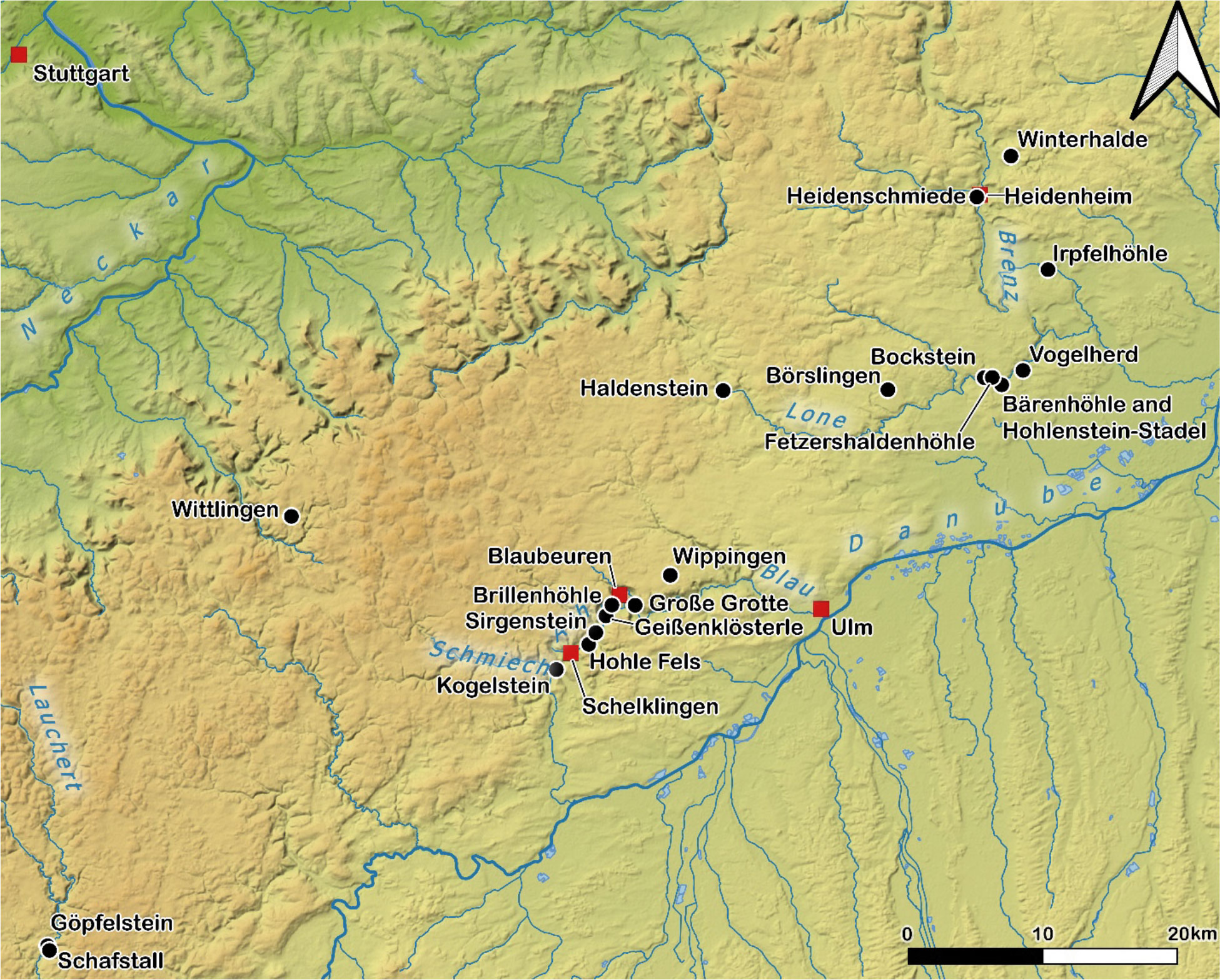 Karte der mittelpaläolithischen Fundstellen auf der Schwäbischen Alb