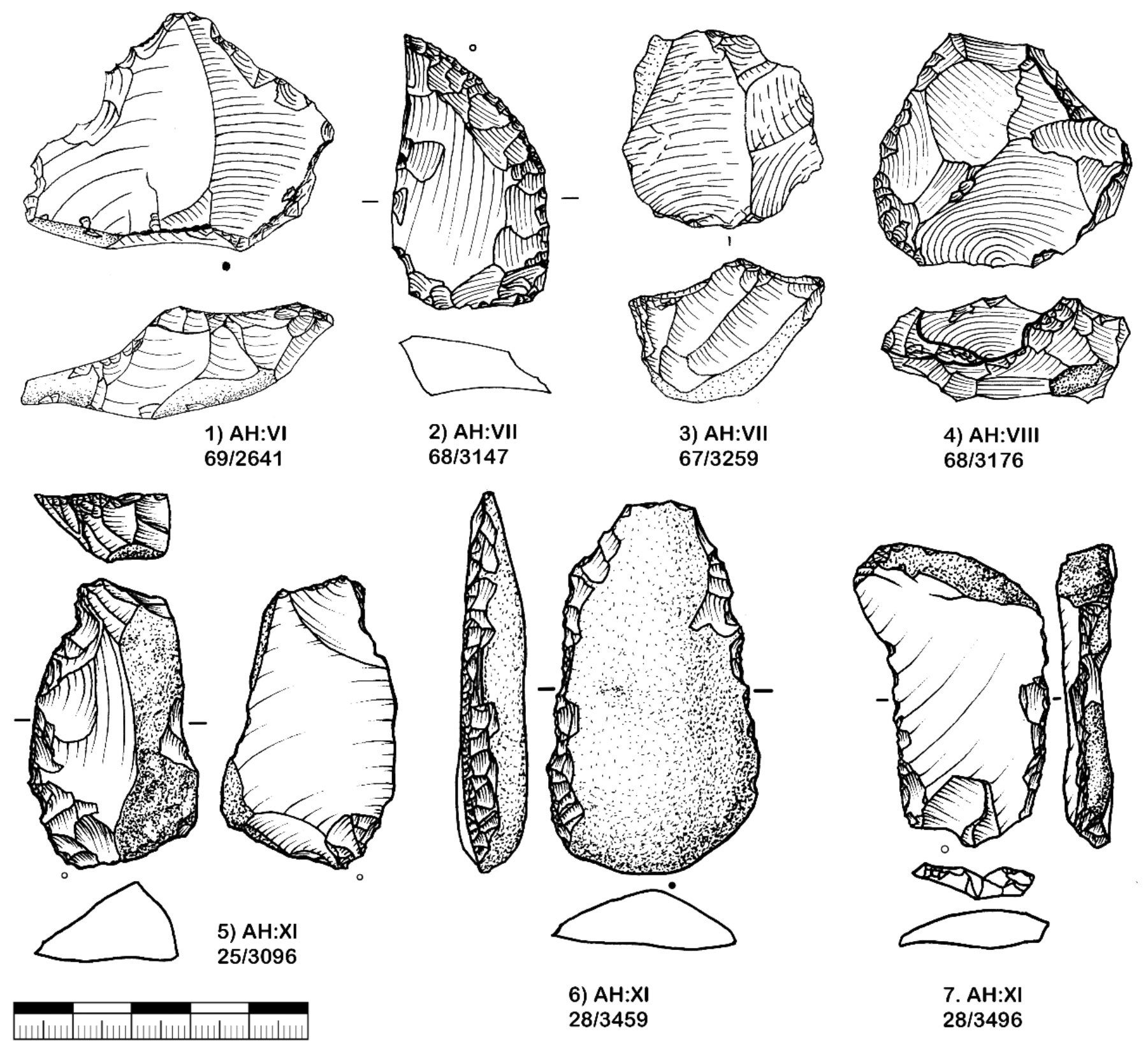 Hohle Fels, Zeichnungen der mittelpaläolithischen Steinartefakte aus den Schichten VI-IX und XI