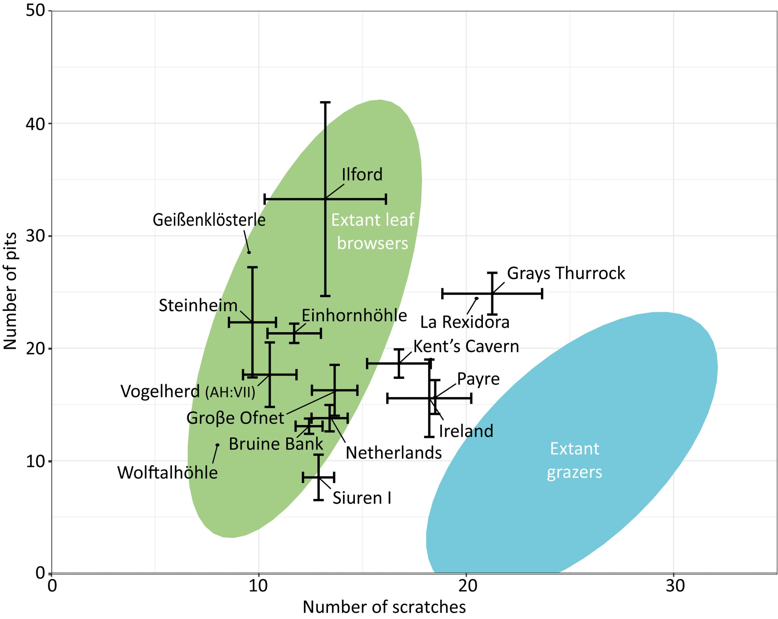 Bivariates Diagramm der Anzahl von Gruben und Kratzern für die Riesenhirschpopulationen