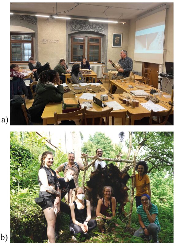 Rudi Walter und Flavia Venditti führen theoretische a) und praktische b) Kurse zur Experimentellen Archäologie und Funktionsanalyse durch
